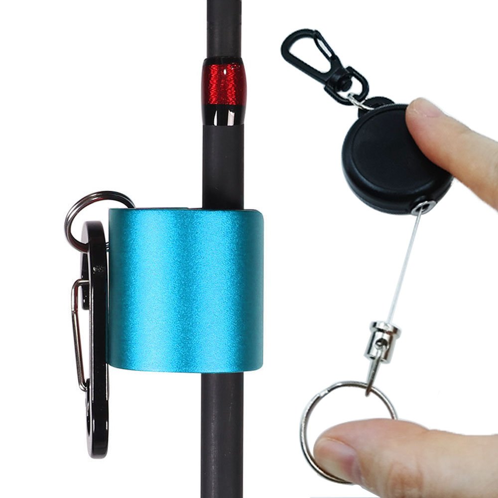 Fishing Rod Travel - คลิปหนีบคันเบ็ดแบบสวมใส่ได้พร้อมสายดึง Zinger ที่พกพาสะดวก ที่ยึดคันเบ็ดตกปลาแบบแฮนด์ฟรีพร้อมพวงกุญแจ